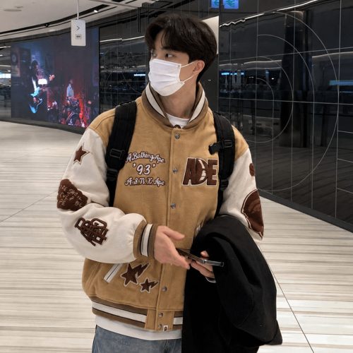 BAPE 남성용 가을·겨울 오랑우탄 알파벳 패턴 배지 가죽 배색 소매 두툼한 야구 점퍼 photo review