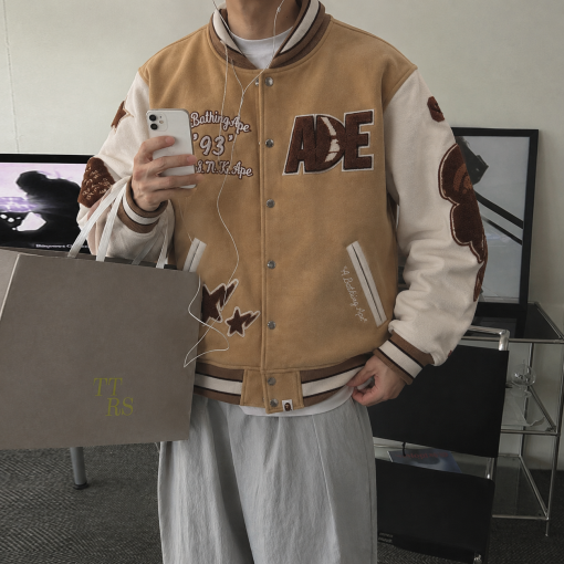 BAPE 남성용 가을·겨울 오랑우탄 알파벳 패턴 배지 가죽 배색 소매 두툼한 야구 점퍼